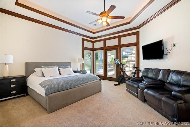 6797 Hummingbird Ct, Owasso, OK 74055 - bedroom with crown molding, light carpet, a raised ceiling, access to outside, and a ceiling fan