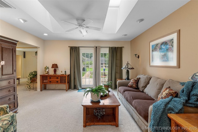 11420 S Mingo Rd, Bixby, OK 74008 - living area featuring light carpet, a ceiling fan, recessed lighting, and a skylight