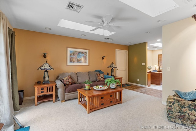 11420 S Mingo Rd, Bixby, OK 74008 - living room with a skylight, light carpet, a ceiling fan, and recessed lighting