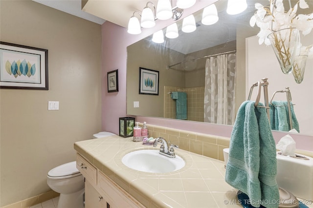11420 S Mingo Rd, Bixby, OK 74008 - full bath with a chandelier, vanity, a shower with shower curtain, and tile patterned flooring