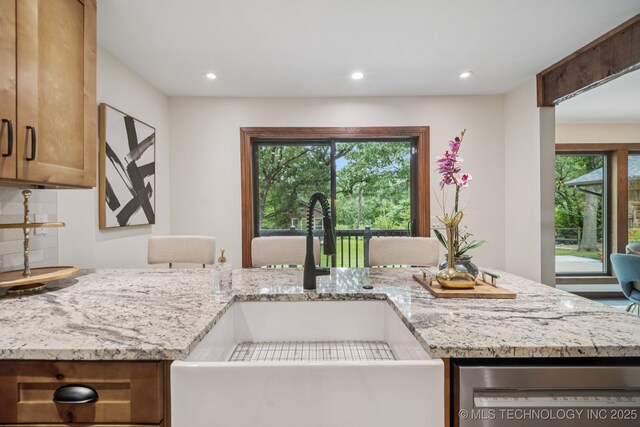 12526 S 12th St, Jenks, OK 74037 - kitchen featuring stainless steel dishwasher, light stone countertops, recessed lighting, and decorative backsplash