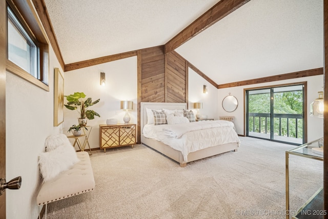 12526 S 12th St, Jenks, OK 74037 - bedroom with access to outside, carpet flooring, a textured ceiling, and wood walls