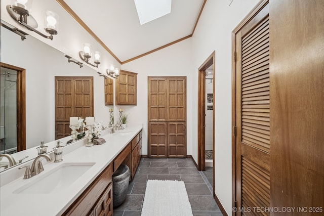 12526 S 12th St, Jenks, OK 74037 - full bath featuring vaulted ceiling, double vanity, a closet, a skylight, and ornamental molding