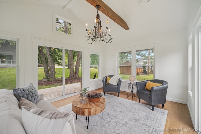 12526 S 12th St, Jenks, OK 74037 - sunroom / solarium with healthy amount of natural light, a chandelier, beam ceiling, wood finished floors, and high vaulted ceiling