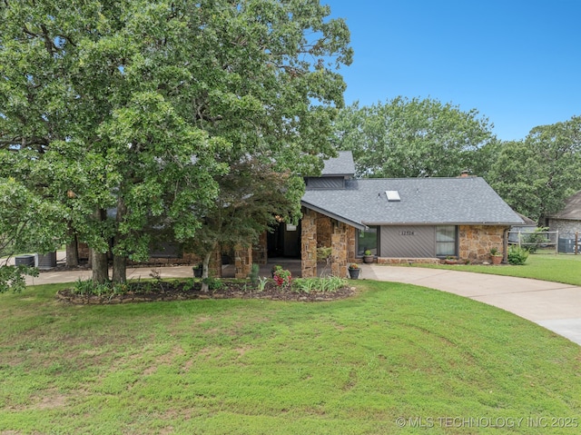 12526 S 12th St, Jenks, OK 74037 - mid-century inspired home with stone siding, driveway, a shingled roof, and a chimney