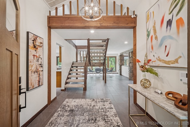12526 S 12th St, Jenks, OK 74037 - foyer with lofted ceiling, a chandelier, and stairway