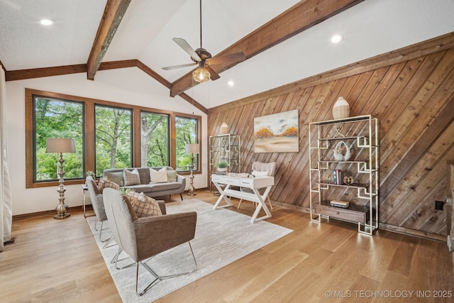 12526 S 12th St, Jenks, OK 74037 - living room featuring wood walls, wood finished floors, ceiling fan, and recessed lighting