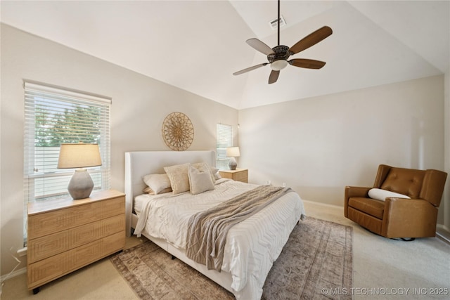 8404 E 98th Pl, Tulsa, OK 74133 - bedroom featuring lofted ceiling, light carpet, multiple windows, and a ceiling fan