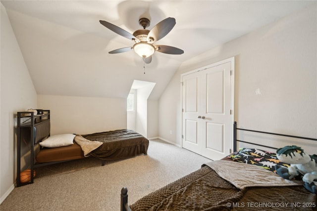 8404 E 98th Pl, Tulsa, OK 74133 - bedroom featuring carpet floors, vaulted ceiling, and ceiling fan