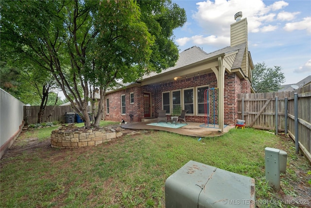 8404 E 98th Pl, Tulsa, OK 74133 - rear view of property with brick siding, a patio, a fenced backyard, and a chimney