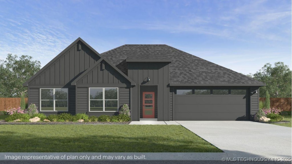22773 E 106th Pl S, Broken Arrow, OK 74014 - view of front of property featuring board and batten siding, an attached garage, a shingled roof, and concrete driveway