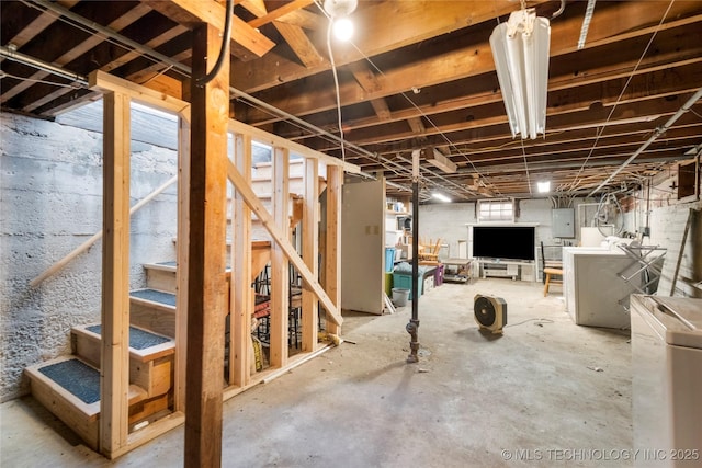 1510 S College Ave, Tulsa, OK 74104 - basement with stairs, electric panel, and separate washer and dryer