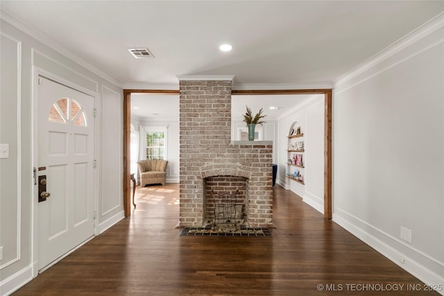 1510 S College Ave, Tulsa, OK 74104 - living area with crown molding, a brick fireplace, dark wood finished floors, and recessed lighting