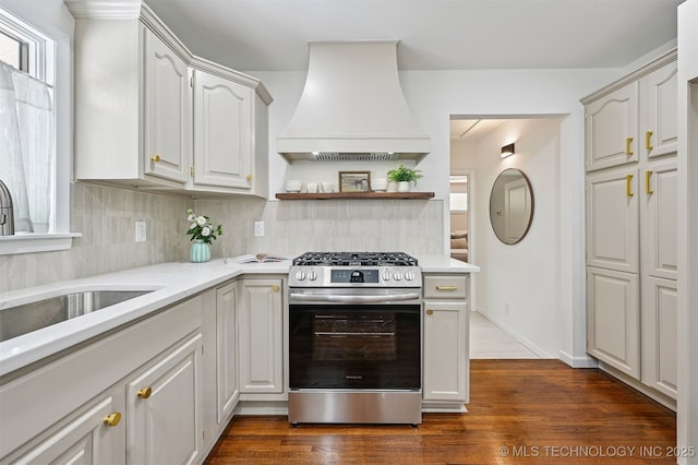 10 E 31st Pl, Sand Springs, OK 74063 - kitchen featuring stainless steel gas range, premium range hood, decorative backsplash, dark wood finished floors, and light countertops