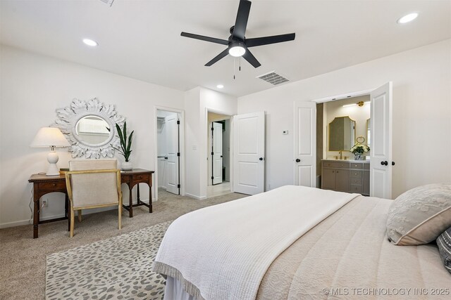 10 E 31st Pl, Sand Springs, OK 74063 - bedroom featuring carpet, ensuite bathroom, recessed lighting, and a ceiling fan