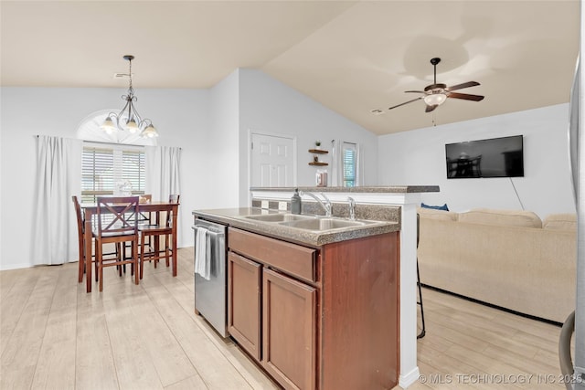 8745 S 261st E Ave, Broken Arrow, OK 74014 - kitchen with dishwasher, open floor plan, a chandelier, light wood-style flooring, and lofted ceiling