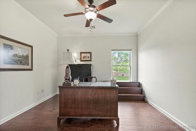 11248 S 75th Ave E, Bixby, OK 74008 - office space with ornamental molding, dark wood-style flooring, and ceiling fan