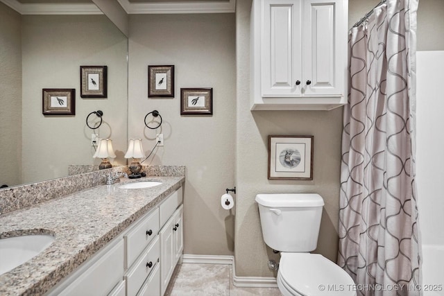 11248 S 75th Ave E, Bixby, OK 74008 - full bathroom featuring double vanity, ornamental molding, and curtained shower