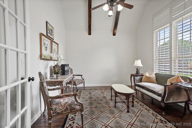 11248 S 75th Ave E, Bixby, OK 74008 - living area with wood finished floors, a ceiling fan, beam ceiling, and high vaulted ceiling