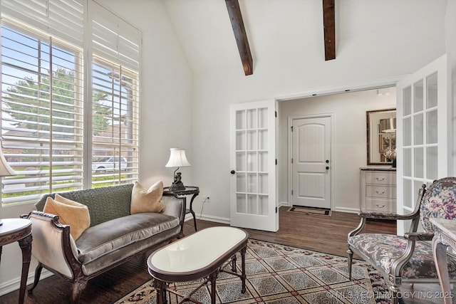 11248 S 75th Ave E, Bixby, OK 74008 - living room featuring healthy amount of natural light, wood finished floors, beamed ceiling, french doors, and high vaulted ceiling