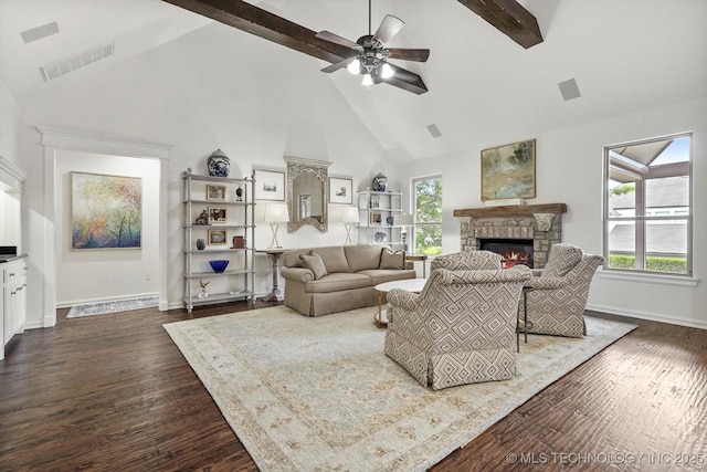 11248 S 75th Ave E, Bixby, OK 74008 - living area featuring a stone fireplace, high vaulted ceiling, beam ceiling, ceiling fan, and dark wood finished floors