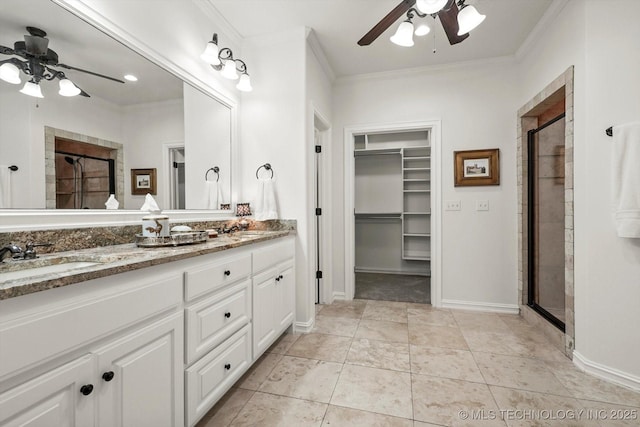 11248 S 75th Ave E, Bixby, OK 74008 - bathroom with ceiling fan, a shower stall, and ornamental molding