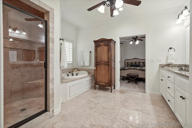 11248 S 75th Ave E, Bixby, OK 74008 - bathroom featuring ceiling fan, crown molding, ensuite bathroom, a bath, and a stall shower