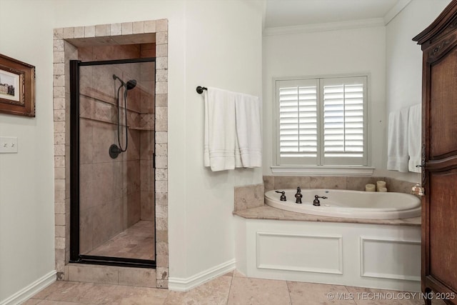 11248 S 75th Ave E, Bixby, OK 74008 - bathroom featuring a garden tub, a stall shower, and ornamental molding