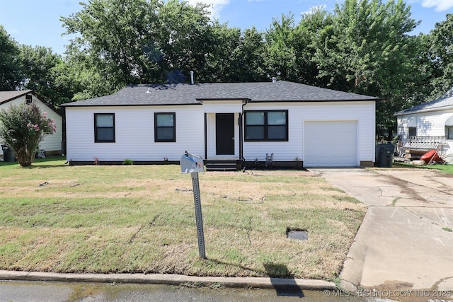 209 E Falletti Ave, Claremore, OK 74017 - ranch-style house featuring a garage, driveway, a front lawn, entry steps, and roof with shingles