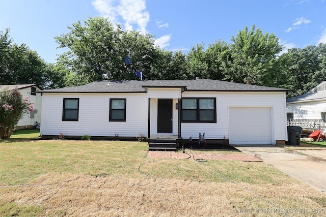 209 E Falletti Ave, Claremore, OK 74017 - ranch-style home with entry steps, an attached garage, driveway, a front yard, and roof with shingles
