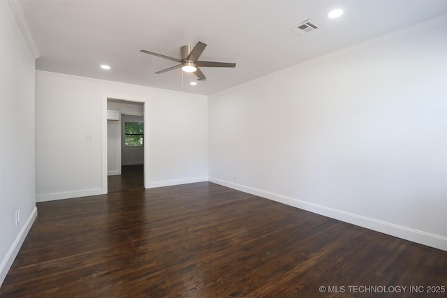 209 E Falletti Ave, Claremore, OK 74017 - spare room with a ceiling fan, dark wood-style floors, ornamental molding, and recessed lighting