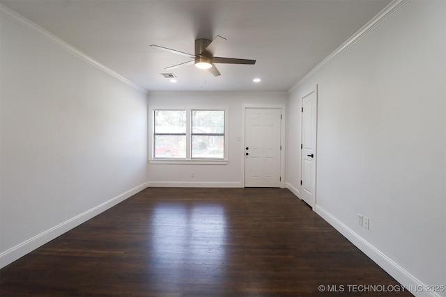 209 E Falletti Ave, Claremore, OK 74017 - unfurnished room with a ceiling fan, ornamental molding, dark wood-style floors, and recessed lighting