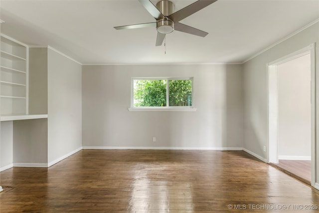 2904 S Hudson Pl, Tulsa, OK 74114 - empty room featuring ornamental molding, a ceiling fan, wood finished floors, and built in features