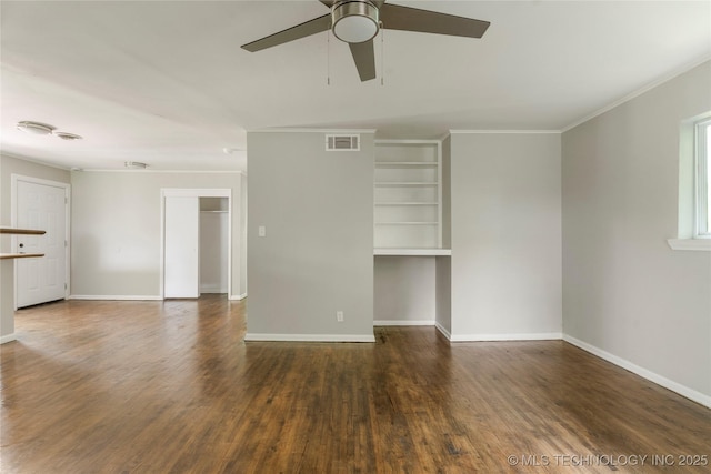 2904 S Hudson Pl, Tulsa, OK 74114 - unfurnished living room with a ceiling fan, wood finished floors, built in shelves, and crown molding