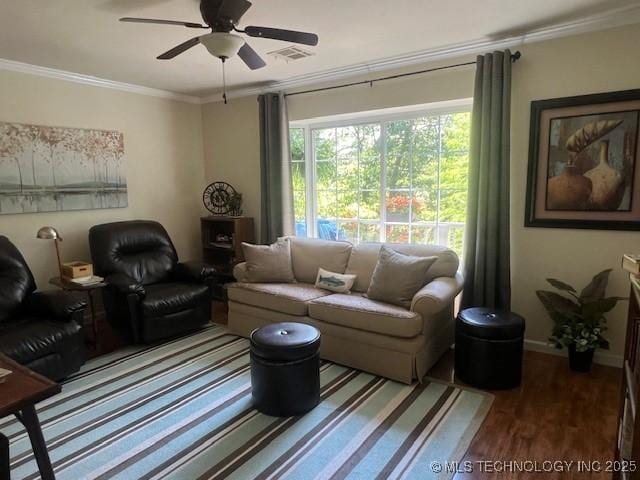 31990 S 624th Pl Unit 65, Grove, OK 74344 - living room with crown molding, wood finished floors, and ceiling fan