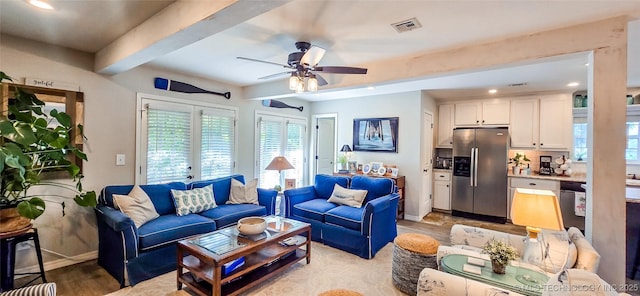 108256 Pike St, Checotah, OK 74426 - living area with light wood-type flooring, a ceiling fan, beam ceiling, and recessed lighting