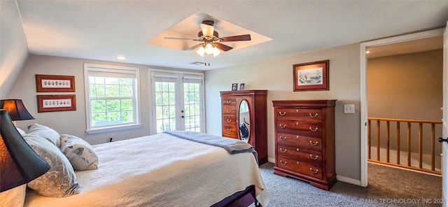 108256 Pike St, Checotah, OK 74426 - carpeted bedroom with access to exterior, french doors, and ceiling fan