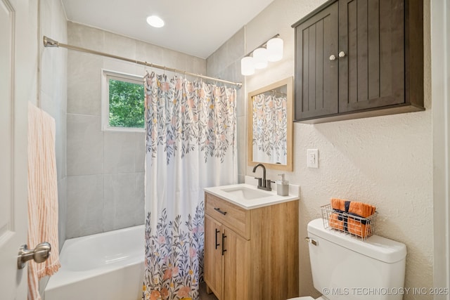 2837 E Admiral Ct, Tulsa, OK 74110 - bathroom with vanity, shower / tub combo with curtain, and a textured wall