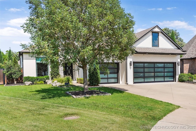 4603 E 118th Pl, Tulsa, OK 74137 - view of front of house featuring stucco siding, driveway, a front lawn, and a shingled roof
