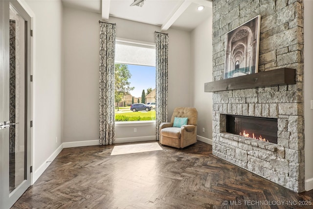 4603 E 118th Pl, Tulsa, OK 74137 - living area featuring a fireplace and beamed ceiling