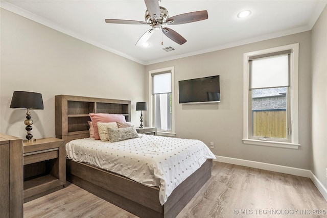 4603 E 118th Pl, Tulsa, OK 74137 - bedroom featuring light wood-type flooring, crown molding, recessed lighting, and ceiling fan
