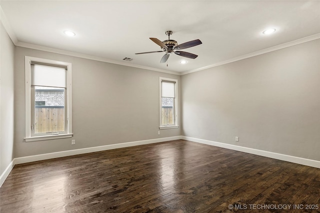 4603 E 118th Pl, Tulsa, OK 74137 - spare room with plenty of natural light, ceiling fan, dark wood-style flooring, crown molding, and recessed lighting