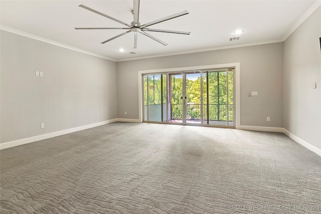 4603 E 118th Pl, Tulsa, OK 74137 - spare room featuring ornamental molding, ceiling fan, carpet, and recessed lighting