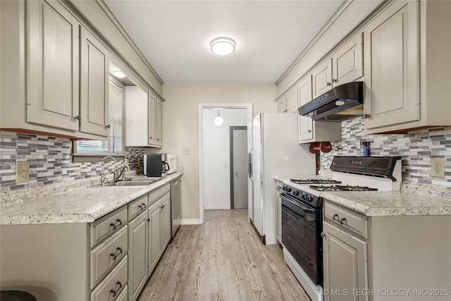 2900 S Cedar Ct, Broken Arrow, OK 74012 - kitchen with range with gas stovetop, under cabinet range hood, gray cabinetry, and light wood-style flooring