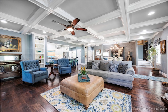 1528 Smysor Dr, Bartlesville, OK 74006 - living area featuring a chandelier, dark wood-style floors, a ceiling fan, coffered ceiling, and beam ceiling