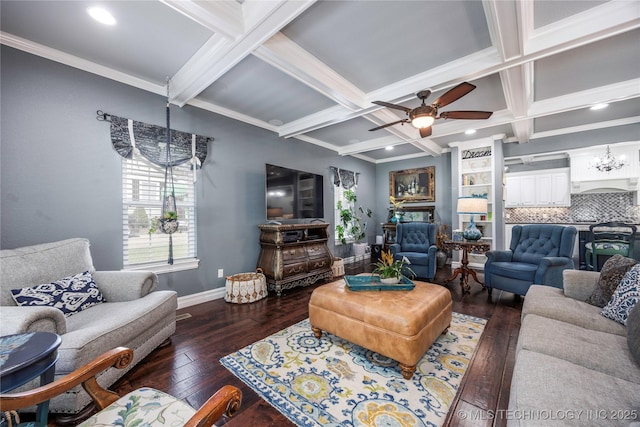 1528 Smysor Dr, Bartlesville, OK 74006 - living room featuring hardwood / wood-style flooring, coffered ceiling, beamed ceiling, a ceiling fan, and a fireplace