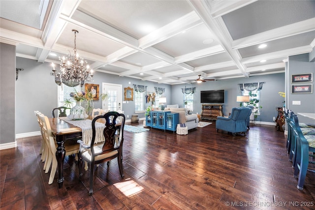 1528 Smysor Dr, Bartlesville, OK 74006 - dining area featuring dark wood finished floors, ceiling fan, beam ceiling, coffered ceiling, and a chandelier