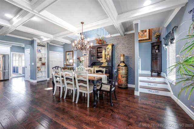 1528 Smysor Dr, Bartlesville, OK 74006 - dining area featuring crown molding, coffered ceiling, wood-type flooring, beamed ceiling, and a chandelier
