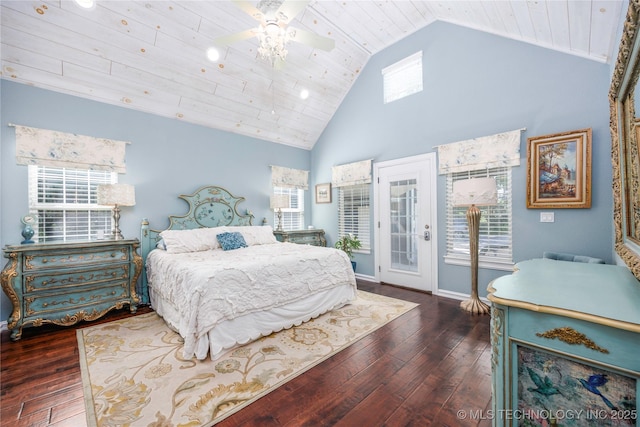 1528 Smysor Dr, Bartlesville, OK 74006 - bedroom with access to outside, wood-type flooring, high vaulted ceiling, a ceiling fan, and wooden ceiling