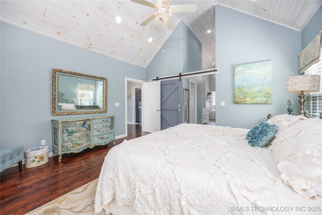 1528 Smysor Dr, Bartlesville, OK 74006 - bedroom featuring high vaulted ceiling, wood finished floors, a barn door, wood ceiling, and recessed lighting